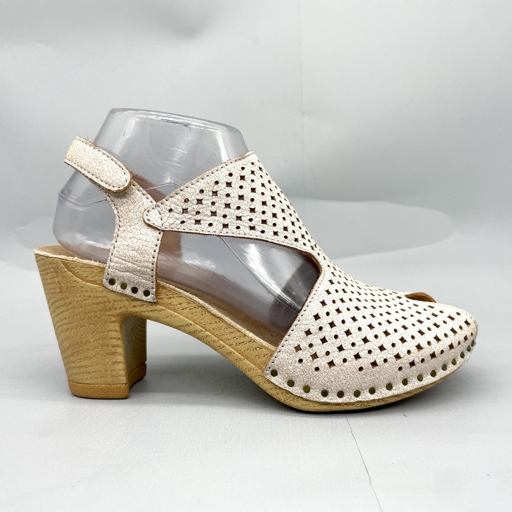 Dansko Womens 38 7.5 Teagan Heel Sandals Ivory Cutout Leather Peep Toe Clog Shoe - Picture 1 of 12